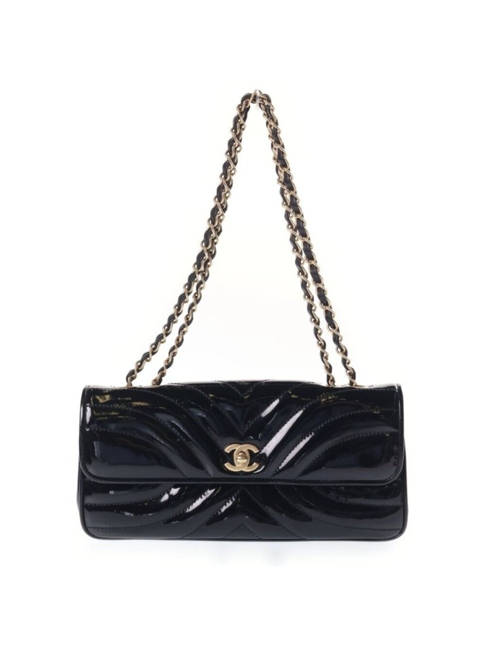 Chanel CC Logo Chain Shoulder Bag Wave Stitch Black Patent Leather